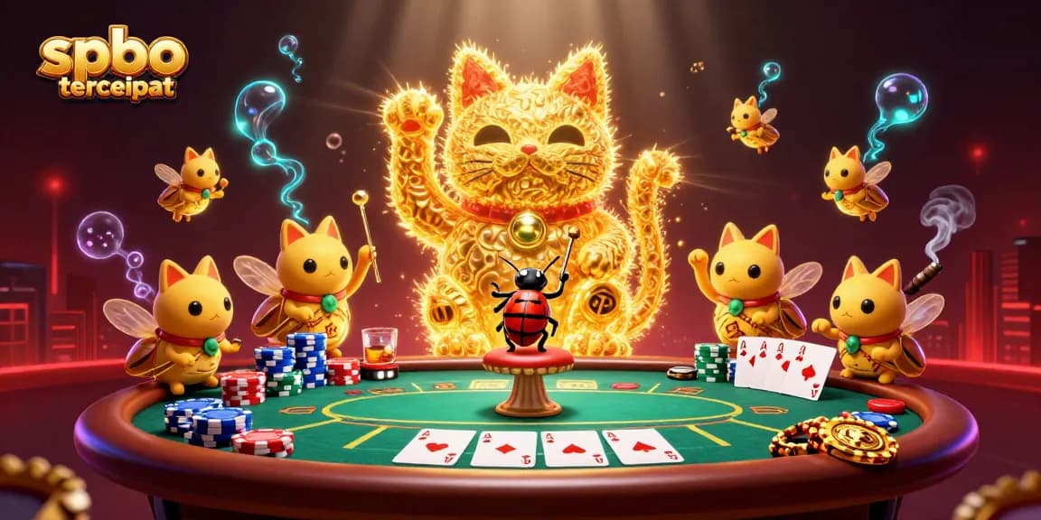 Bet on spbo tercepat as golden fireflies dance around a poker scene filled with exciting casino elements.