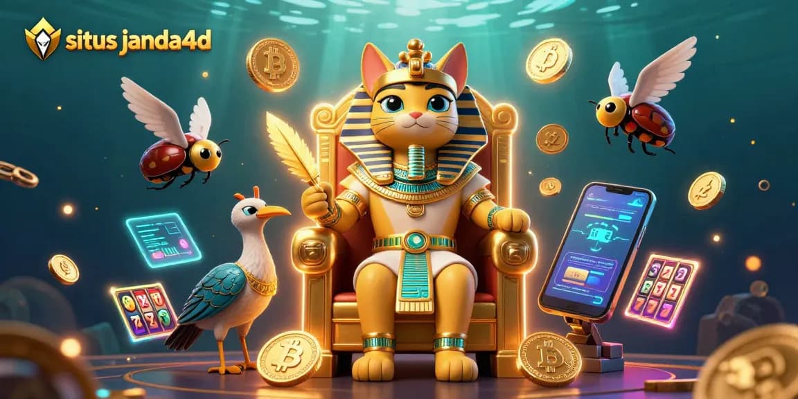 Taruhan di situs janda4d dengan gambar kucing firaun dan elemen kasino yang kaya.