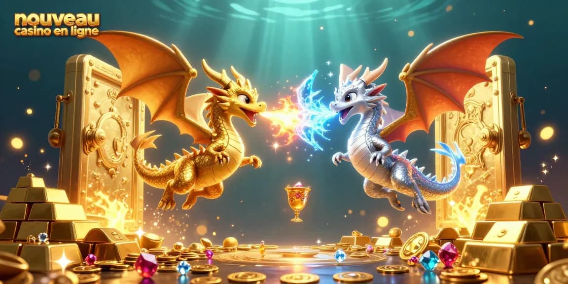 Découvrez le nouveau casino en ligne avec dragons 3D entourés de trésors et d'éléments de jeu.