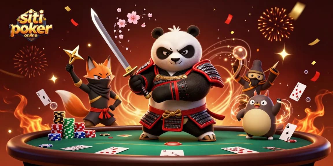 Scopri i migliori siti poker online con il panda samurai e il ninja, giocando con le carte e pile di chip!