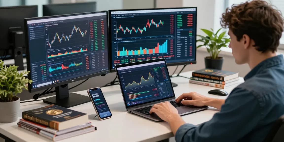 Engaging cryptocurrency trading setup at https://crypto-reviews.ru/okx-v-kazahstane/ with vibrant market data and a user analyzing trends.