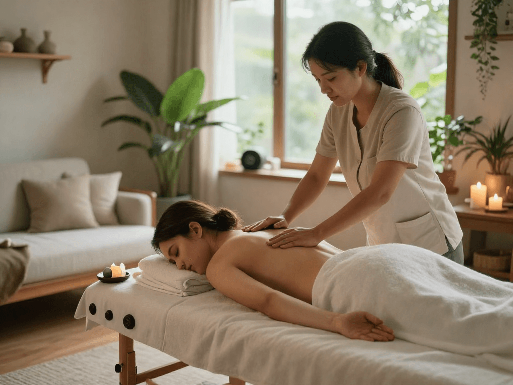 High-quality 의정부출장 massage scene in a relaxing home setup with a professional therapist.