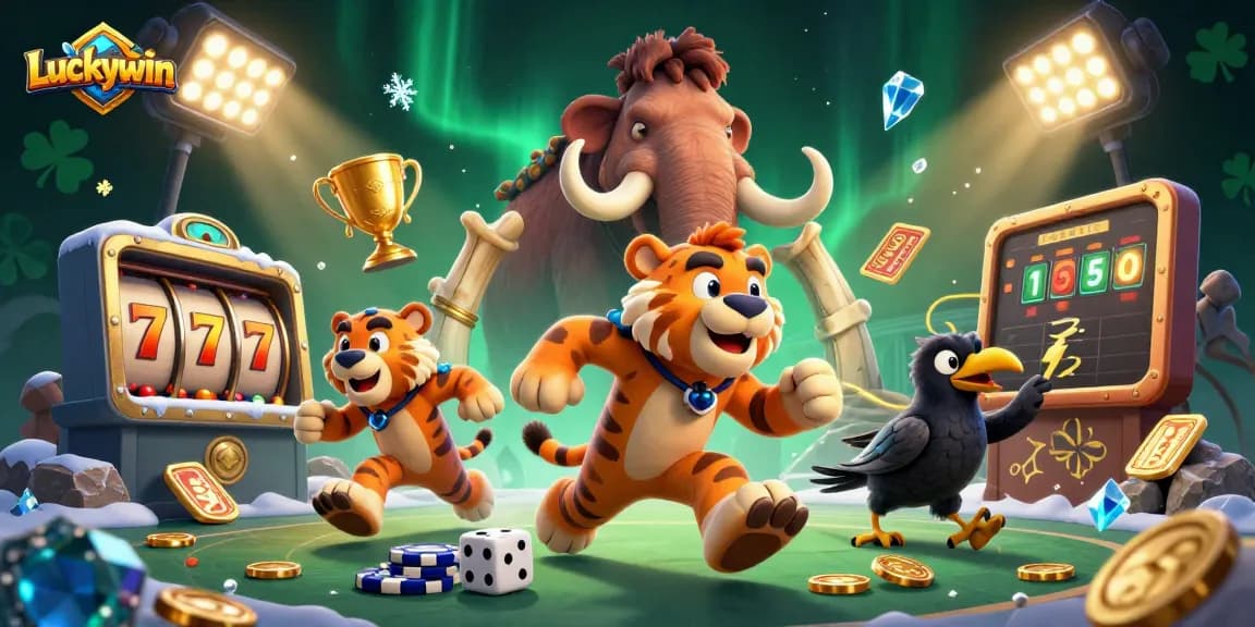 Players enjoy exciting slots at Luckywin's prehistoric casino, surrounded by dynamic game elements.