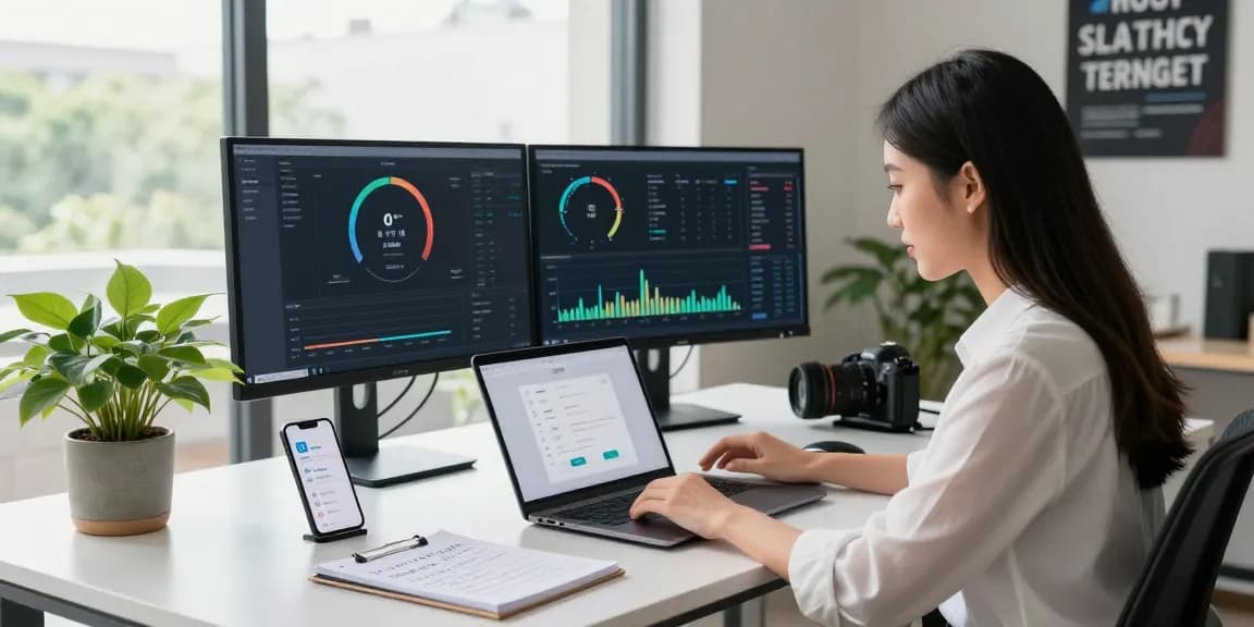 快连 app setup in a modern tech workspace with performance metrics and motivational atmosphere.