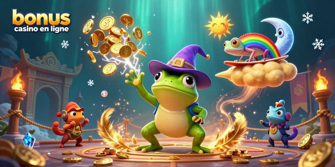 Obtenez des bonus de casino en ligne en jouant avec des personnages colorés et des pièces d'or animées.