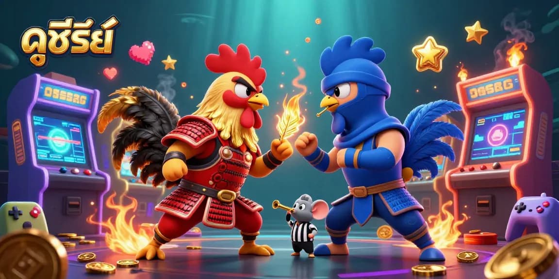 Engage in the excitement of ดูซีรี่ย์ with dynamic rooster fight scene amidst colorful casino elements.