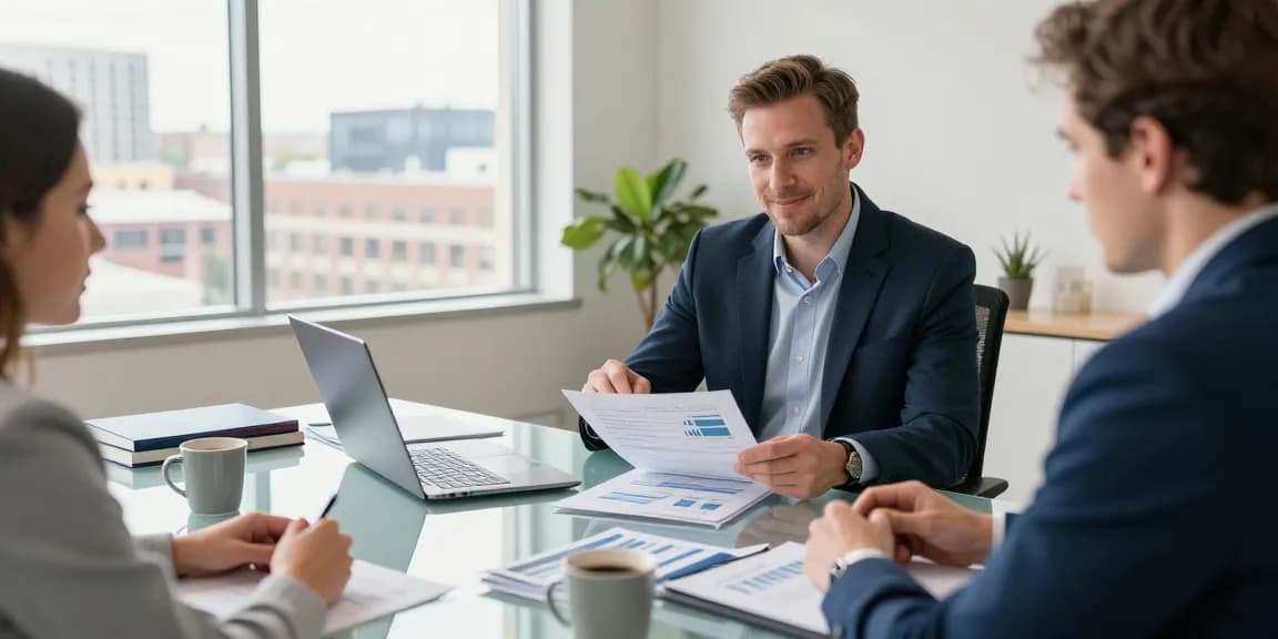 Nathan Garries providing financial advice in a modern office setting.