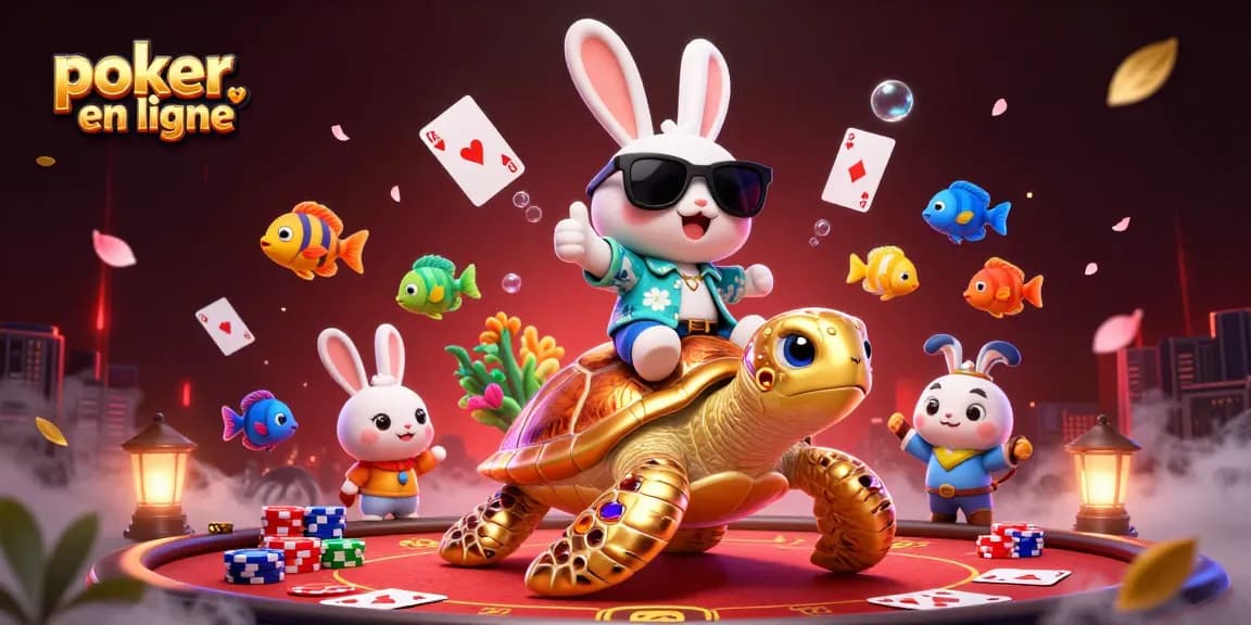 Jouez au poker en ligne avec cette illustration colorée de personnages festifs et éléments de jeu.