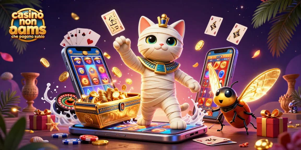 Casinò non AAMS che pagano subito: gattino mummia egiziana emerge da un sarcofago dorato in un casinò pyramidale.