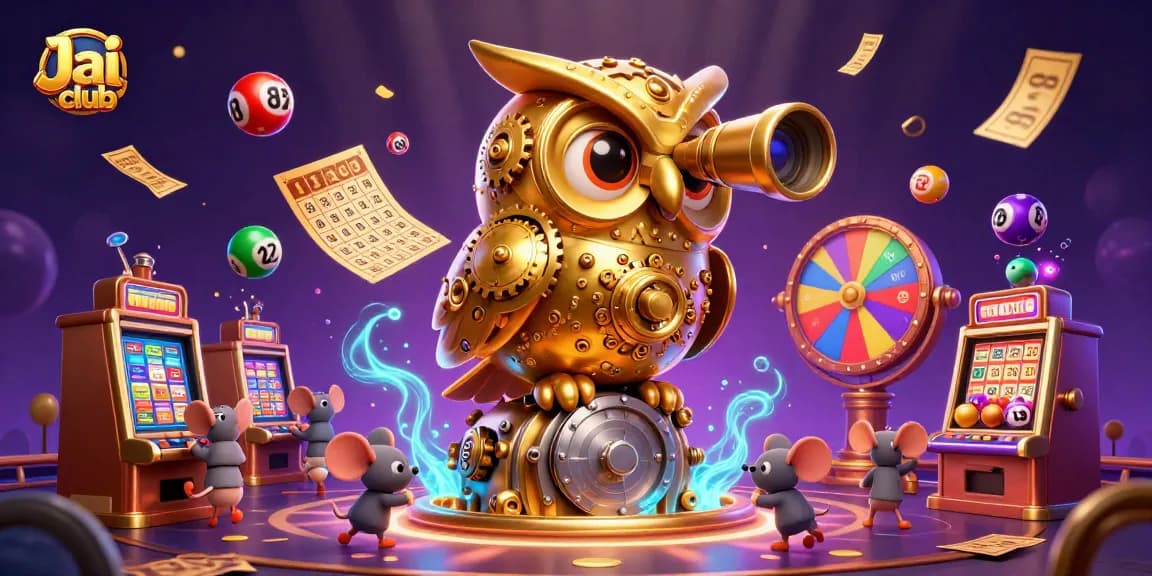 Experience Jai club's vibrant casino scene with a golden owl and lottery elements creating excitement.