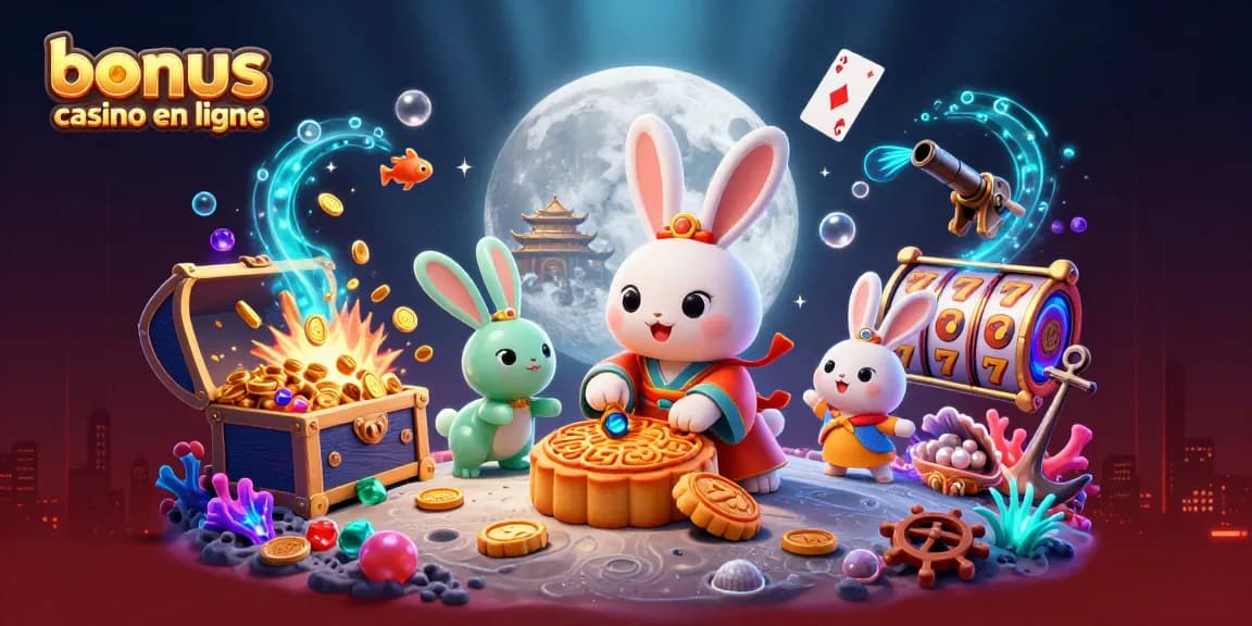 Illustration dynamique avec un lapin lunaire créant des bonus casino en ligne dans un décor féerique.