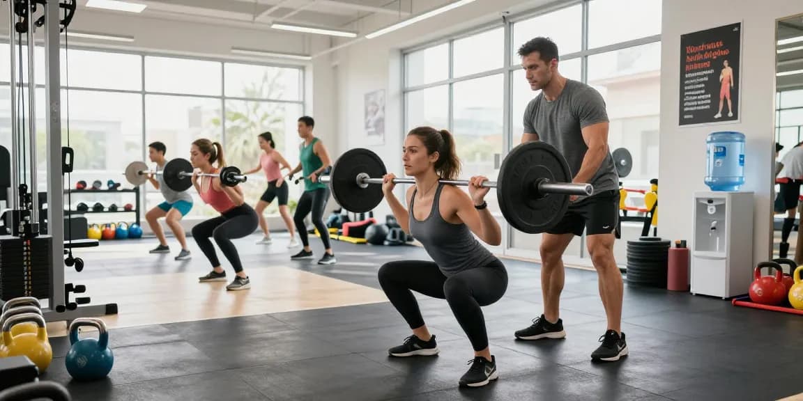 Vibrant gym scene at Deus Medical Shop, showcasing fitness enthusiasts engaged in workouts, inspiring atmosphere.