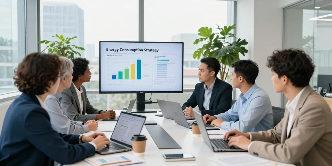 Team discussing climate change levy exemption strategies in a modern office setting, showcasing collaboration and energy efficiency.