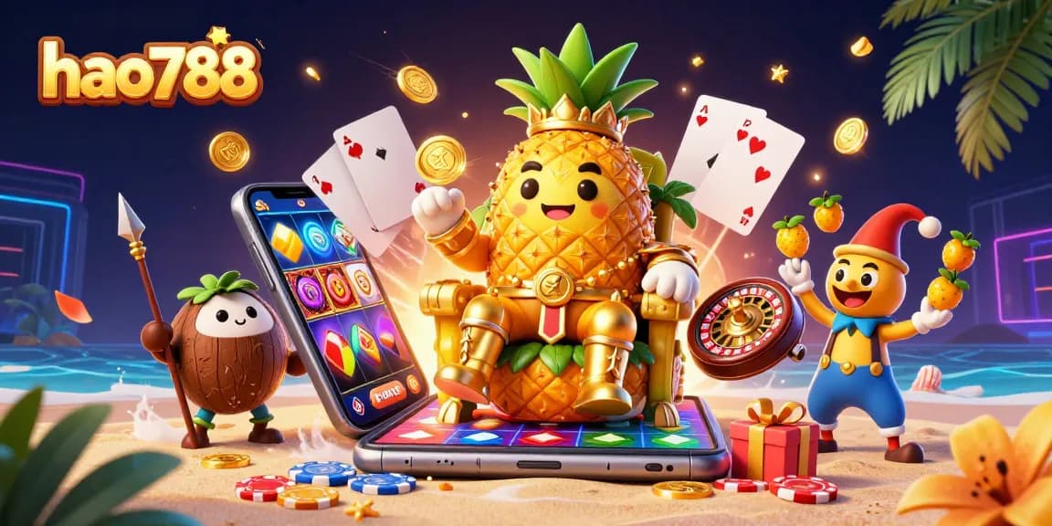 Menangkan jackpot di hao788 dengan gambar raja nanas emas 3D dan lebih banyak elemen perjudian.