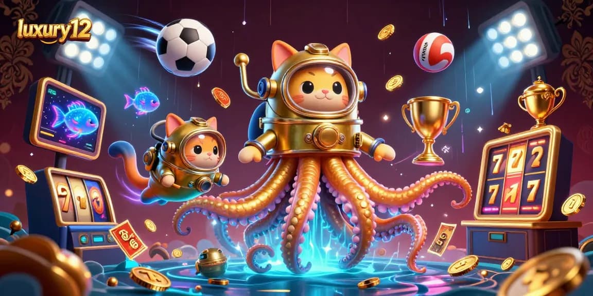 Experience the thrill of luxury12 with an action-packed casino scene featuring a kraken and diving cat.