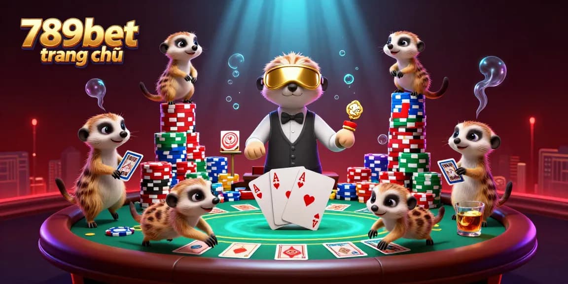 Engage with 789bet trang chủ in a vibrant casino scene with meerkats running operations and dynamic poker action.