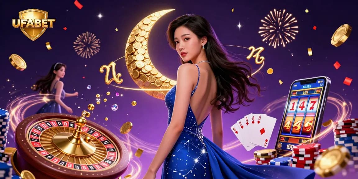 Experience thrilling gambling with UFABET, featuring a stunning casino illustration of slot machines, poker, and roulette.