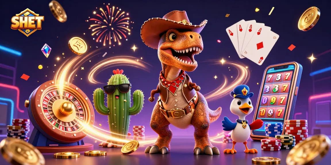 Experience thrilling gameplay with SH BET as a T-Rex and friends celebrate casino wins with vibrant 3D elements.