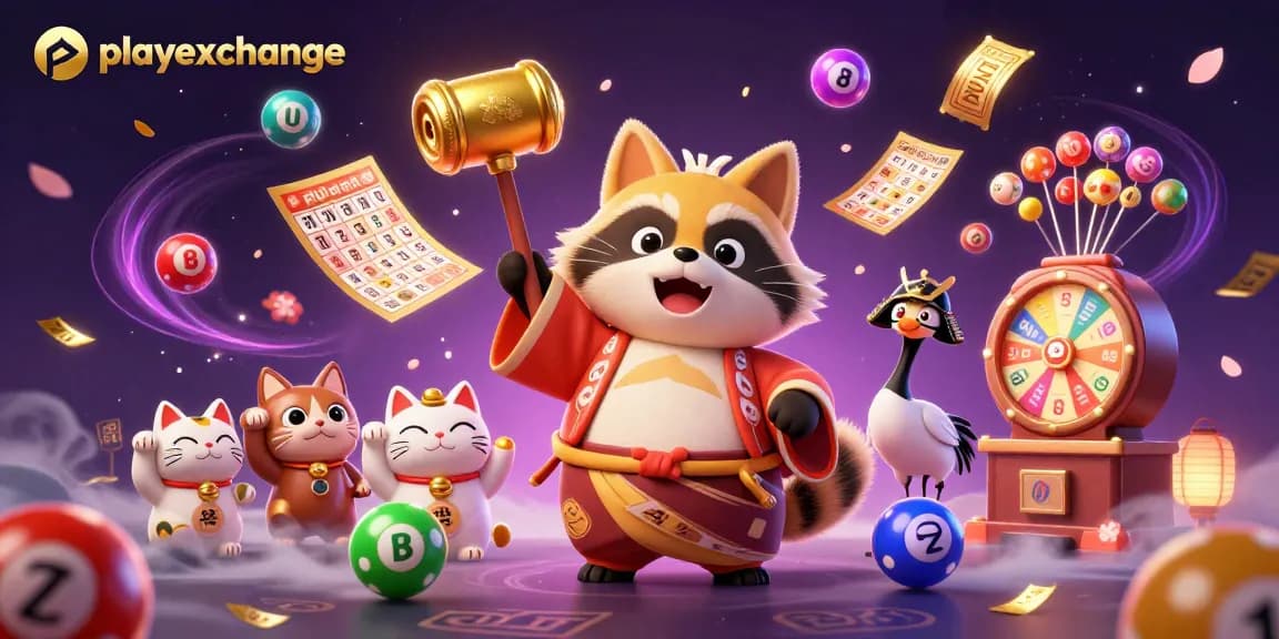 Join the excitement of playexchange with cheerful tanuki and lucky symbols of fortune.