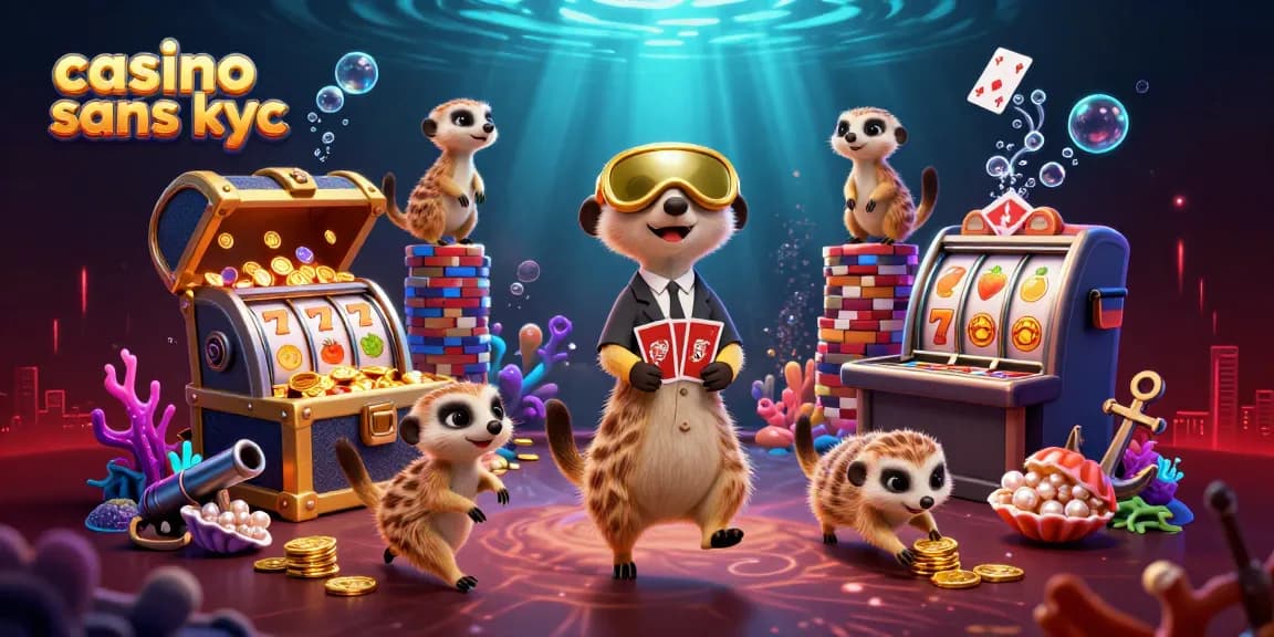Une scène dynamique de casino sans KYC avec des suricates gérant un casino sous-marin rempli d'éléments ludiques.