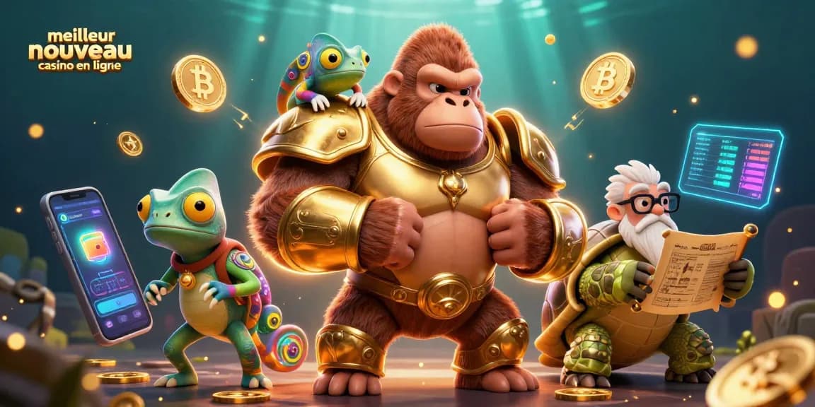 Illustration dynamique sur le meilleur nouveau casino en ligne avec des personnages ludiques et des éléments de jeu innovants.