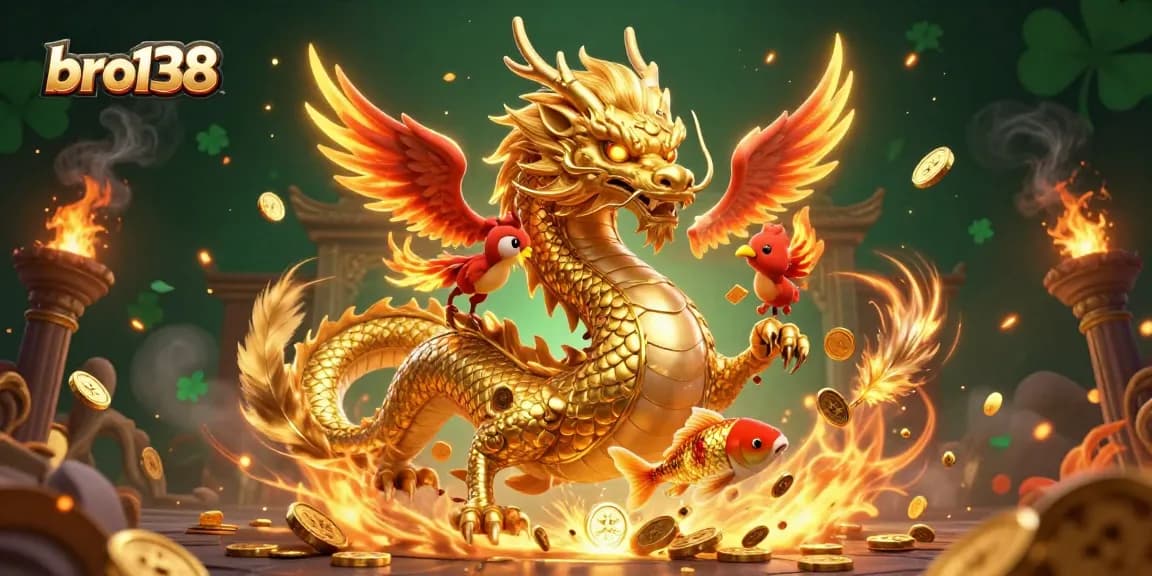 Spin the reels with bro138, showcasing a fierce dragon, phoenix, and koi fish in a vibrant casino setting.