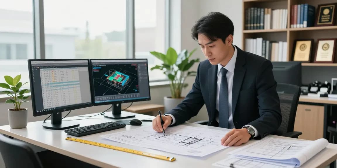 Engineer reviewing permit engineering Missouri blueprints in a modern office.