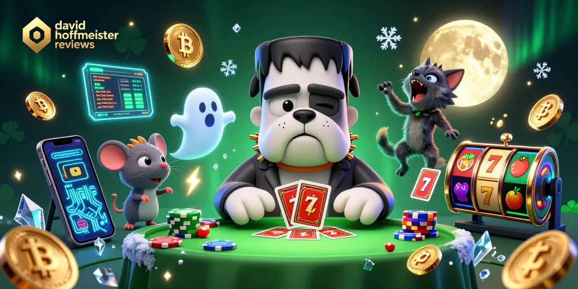 Engage with david hoffmeister reviews through a thrilling casino scene featuring animated characters and crypto elements.