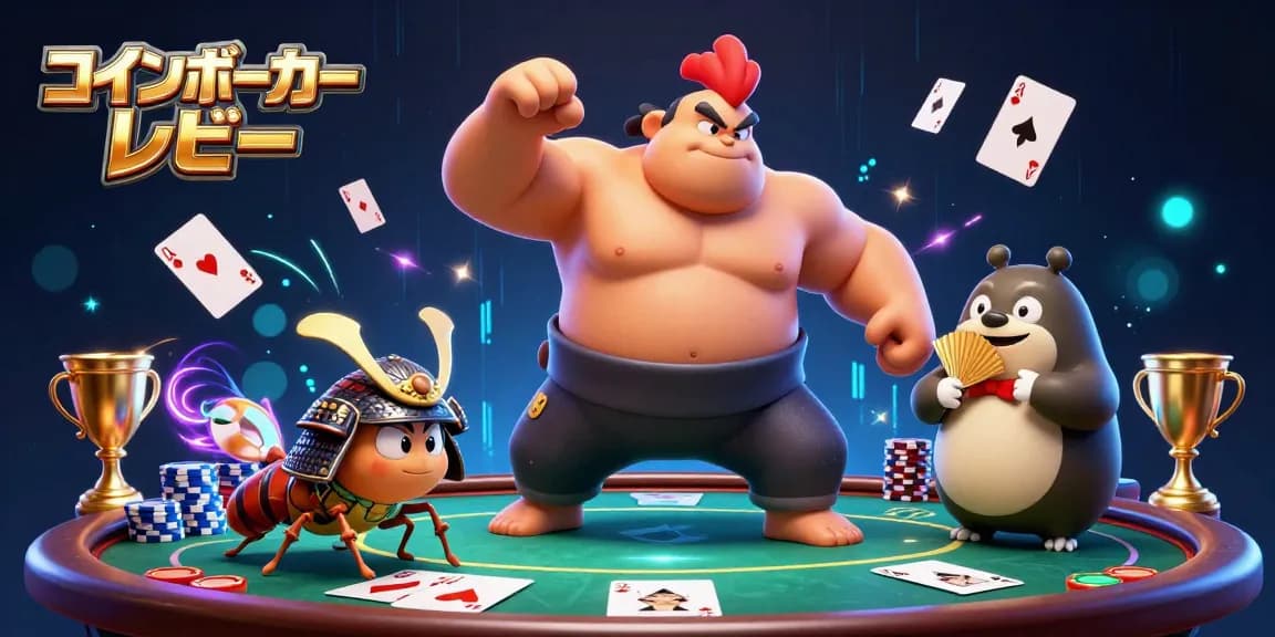 コインポーカー レビューでのポーカーテーブルとキャラクターが織りなす賑やかなシーン
