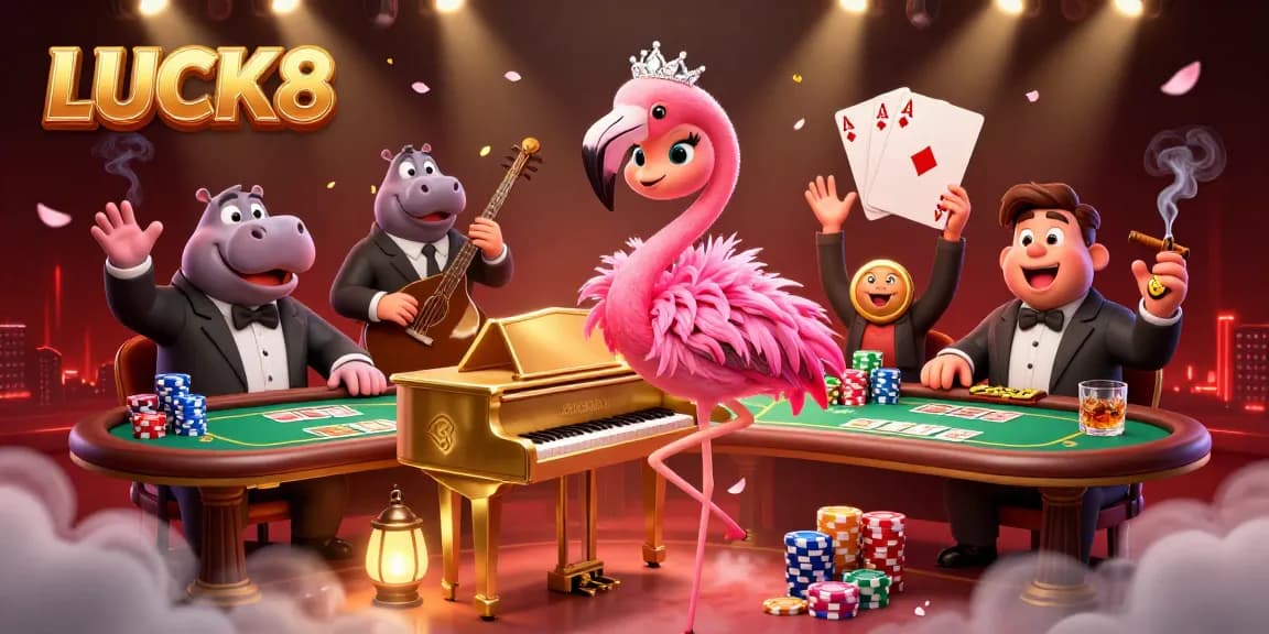 Experience the vibrant casino atmosphere at LUCK8 with a lively scene of cartoon characters and poker elements.
