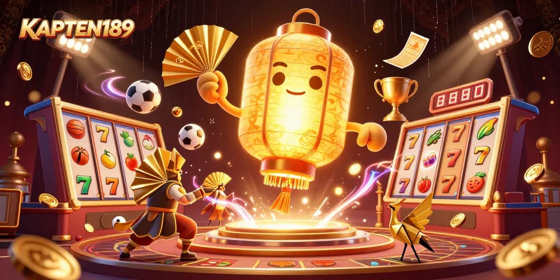 KAPTEN189 memimpin kemenangan di kasino online dengan reel slot, simbol keberuntungan, dan semangat lantern emas.