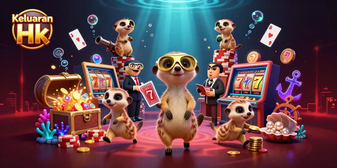 Keluaran Hk showcases a lively meerkat casino scene filled with vibrant games and treasures.