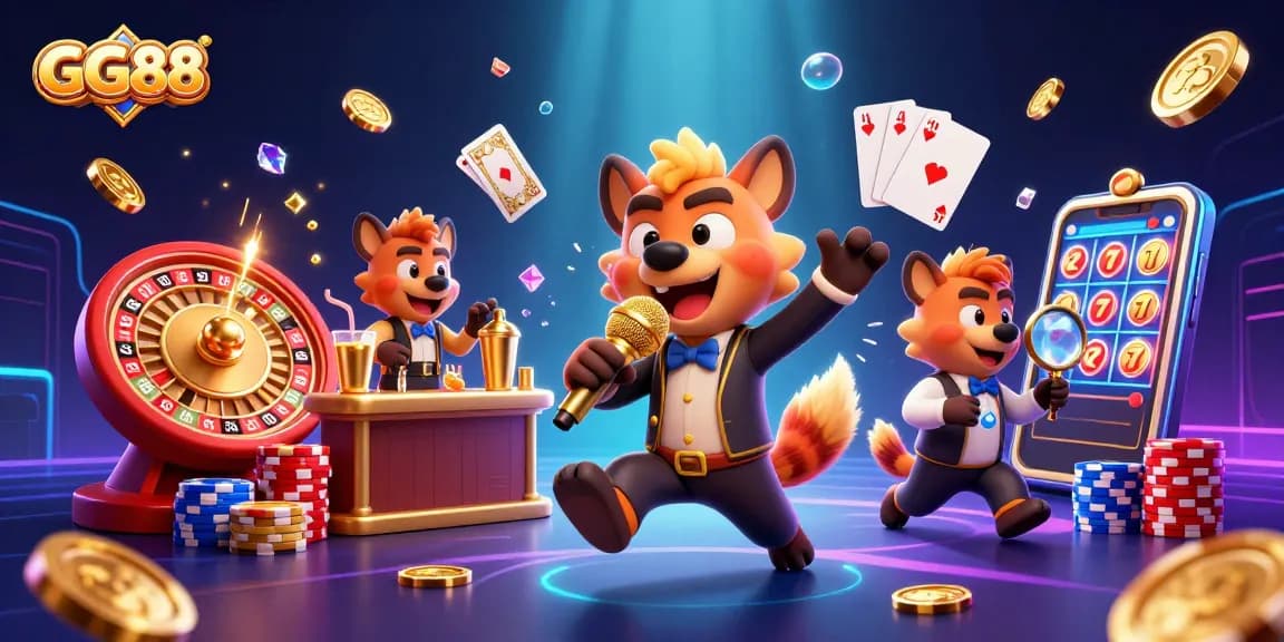 GG88 hyenas entertain in a casino club with sparkling coins and dynamic gaming elements.
