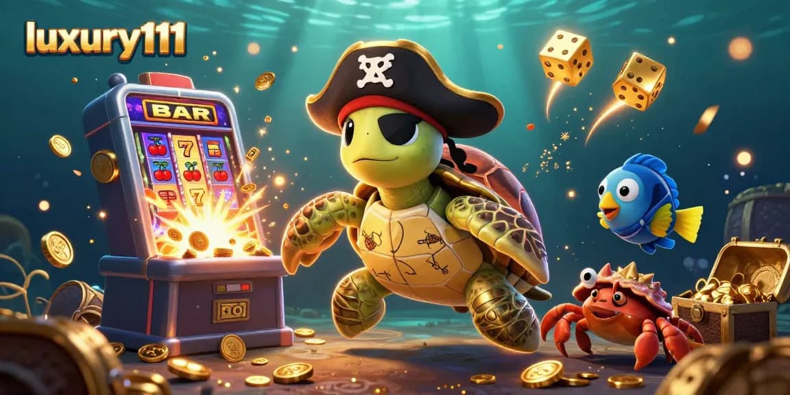 Engage with luxury111 through this vibrant illustration showcasing the thrill of online gambling, featuring a pirate turtle amidst casino symbols.