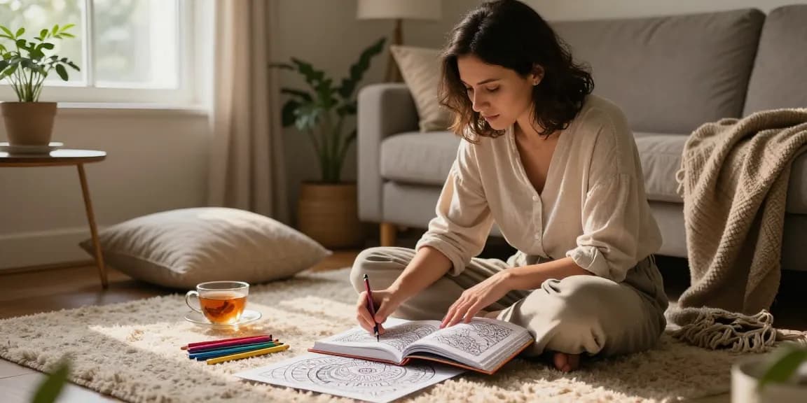 Engaging in coloring for stress relief, a woman finds calm in a cozy living room with vibrant pencils and a mandala.