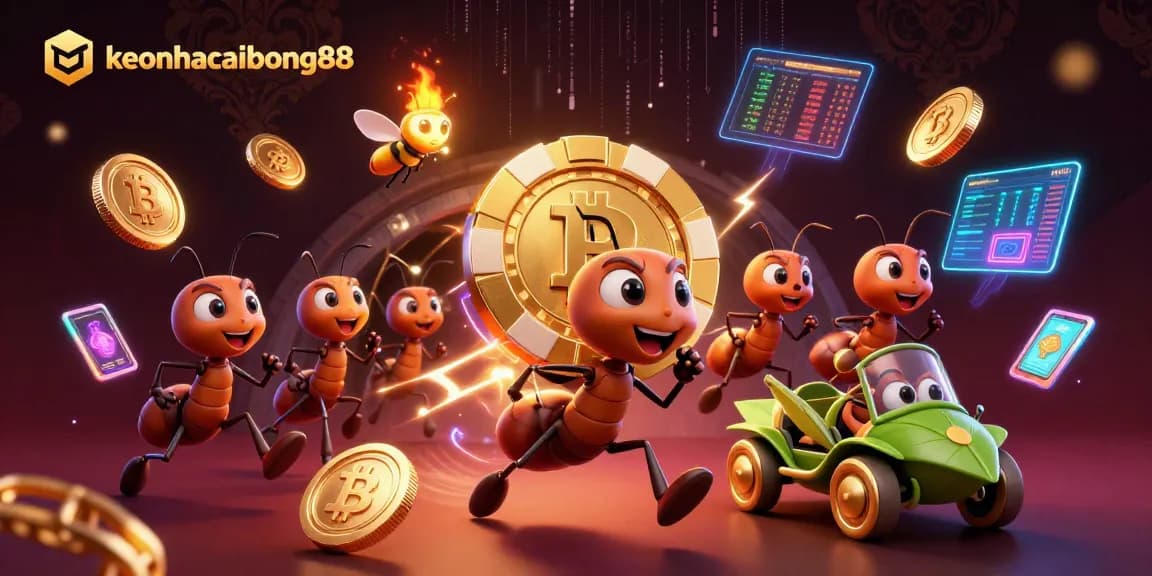 heist scene with keonhacaibong88 ants, golden poker chip, vibrant digital casino elements