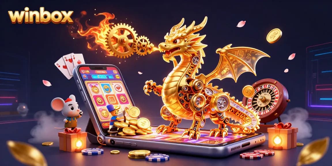 Winbox interactive gaming experience featuring a golden dragon amidst vibrant slot reels and gaming elements.