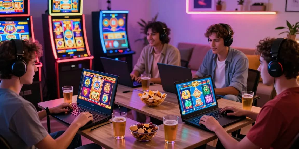 Exciting slot depo 5k gaming night scene with friends enjoying various online games in a lively atmosphere.