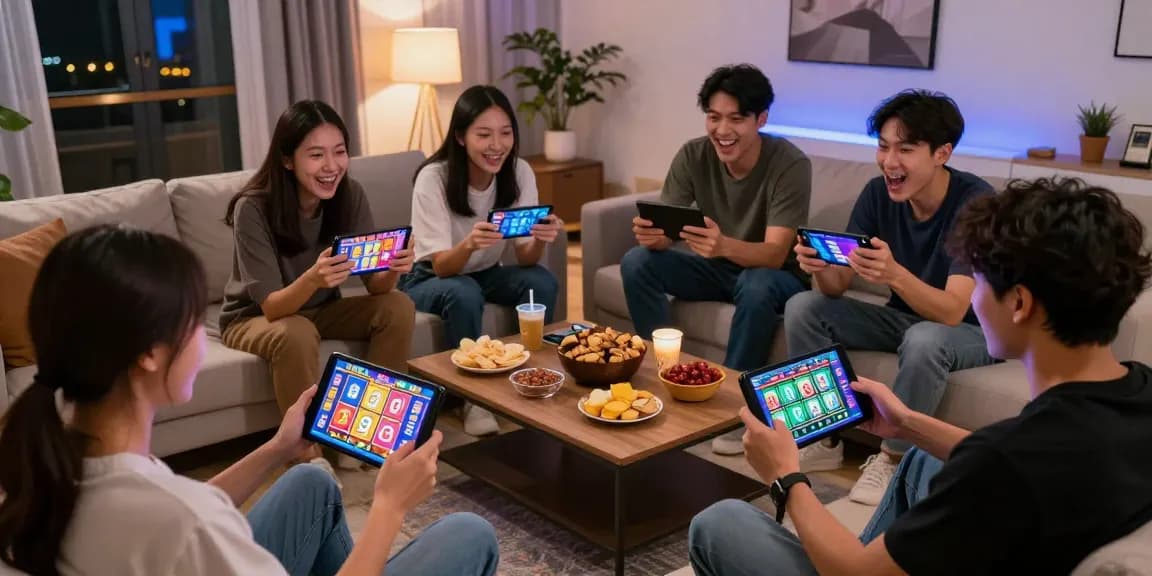 Friends enjoying exciting games on oppa86 situs in a lively living room.