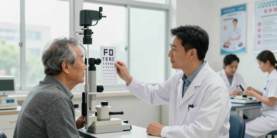 Elderly patient engaging in 黃斑病變檢查 with an ophthalmologist using Amsler grid test in a professional clinic.