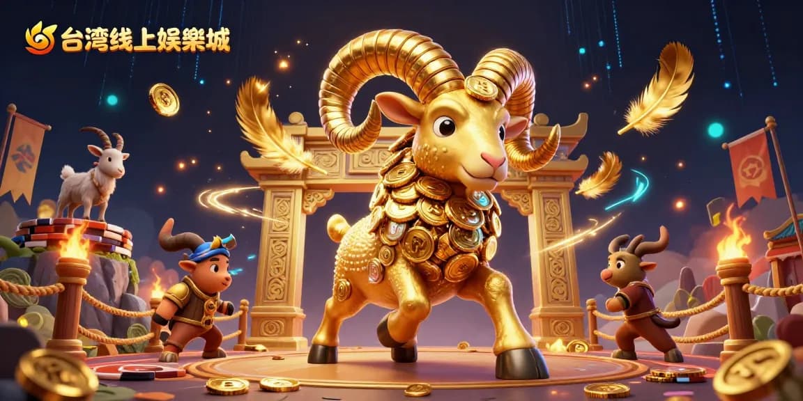在台灣線上娛樂城體驗的高畫質3D插圖，金色公羊在黃金門前競逐與狂驅，背景湧現火焰與金幣。