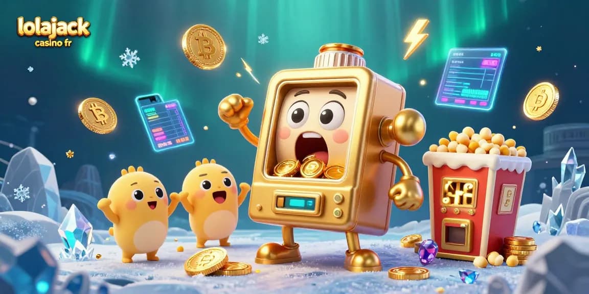 Experience big wins with lolajack casino fr as golden slot machines celebrate a jackpot in this vibrant illustration.