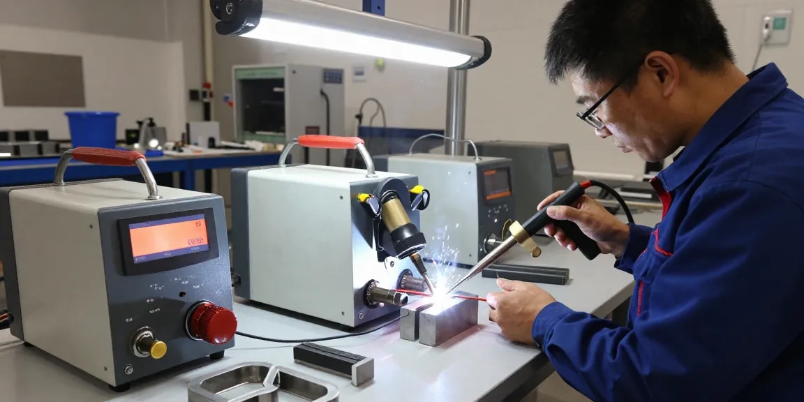 Induction welder in action, highlighting precision and safety in metal joining process in a modern industrial workshop.