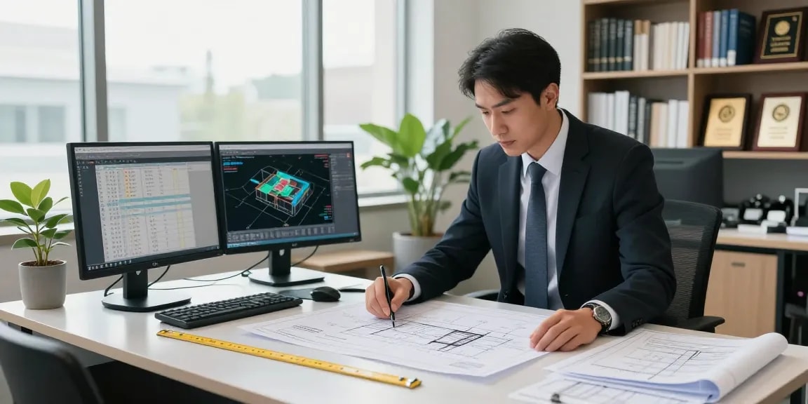 Engineer reviewing permit engineering Missouri blueprints in a modern office.