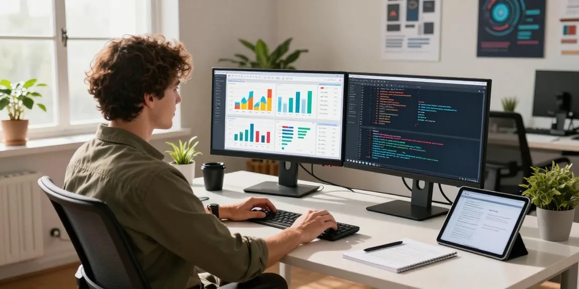 Professional workspace showcasing cika4d data analysis with dual monitors and modern elements.