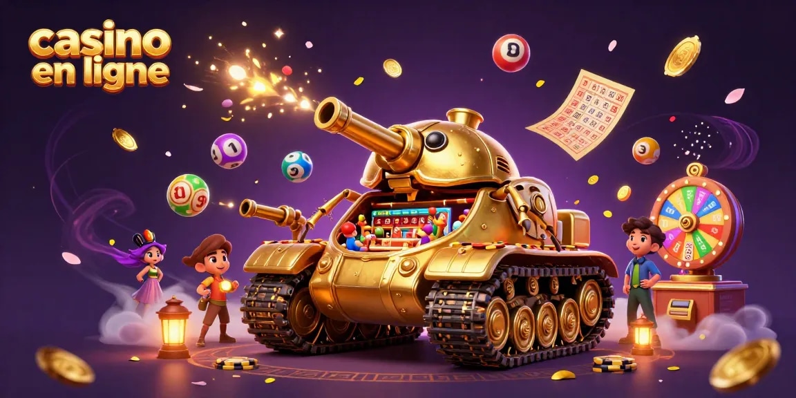 Expérimentez le frisson du casino en ligne avec un tank doré qui révèle un mini casino.