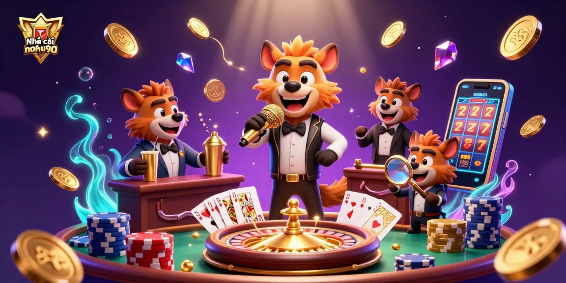 Experience excitement at Nhà cái nohu90 with hyena characters in a vibrant 3D casino illustration.
