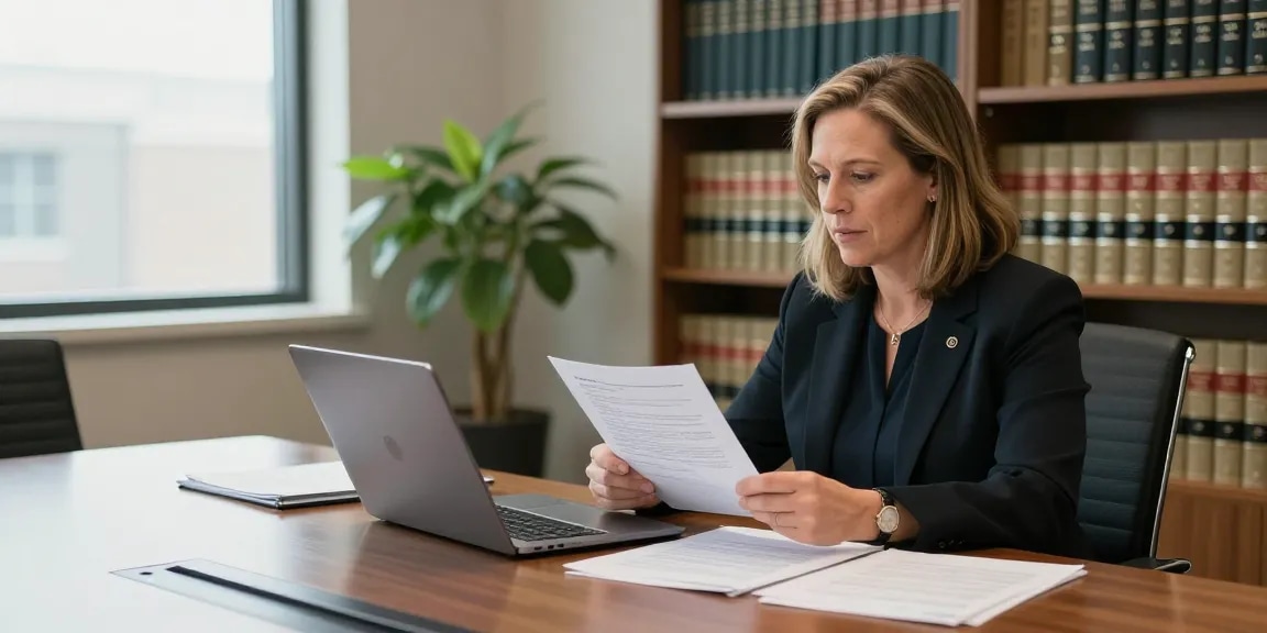 Karen McCleave Toronto engaging in a legal case briefing in a modern office.