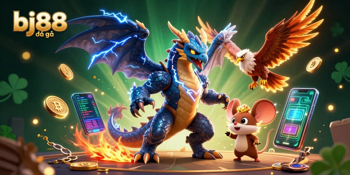 Watch thrilling bj88 đá gà action featuring majestic dragons and dynamic casino elements