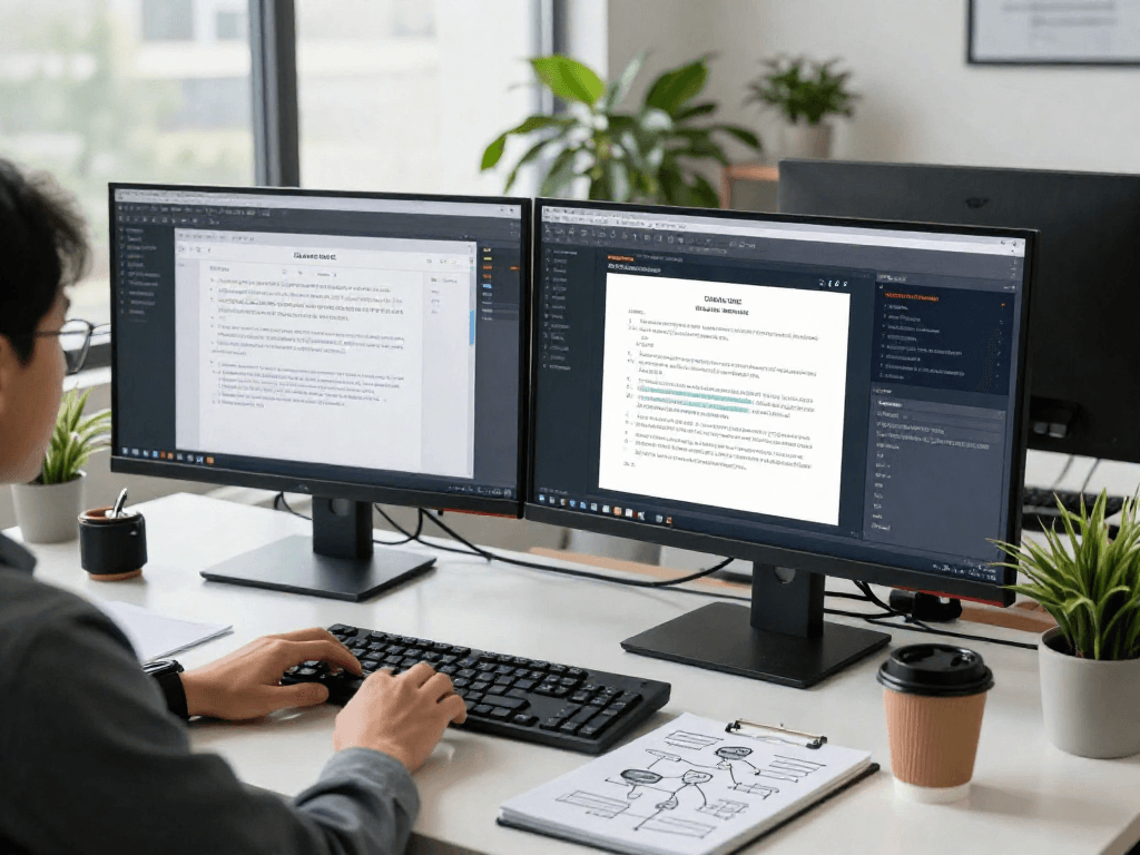 Detailed document fraud detection analysis with forensic analyst in modern office, showcasing AI metrics and verification tools.